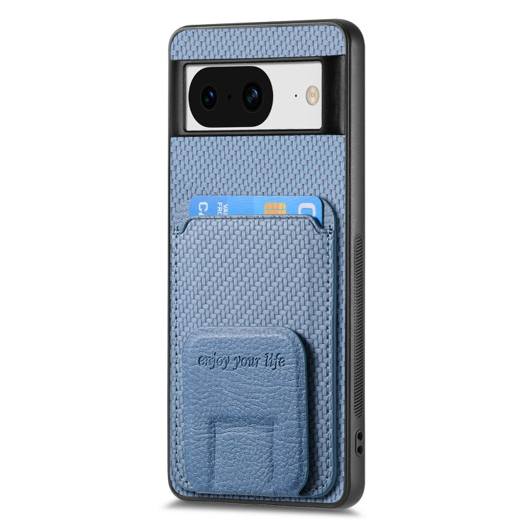 For Google Pixel 7a Carbon Fiber Card Bag Fold Stand Phone Case(Blue) by buy2fix