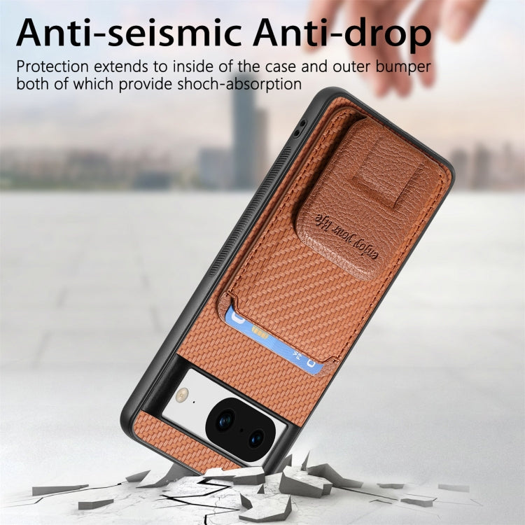 For Google Pixel 7a Carbon Fiber Card Bag Fold Stand Phone Case(Brown) by buy2fix
