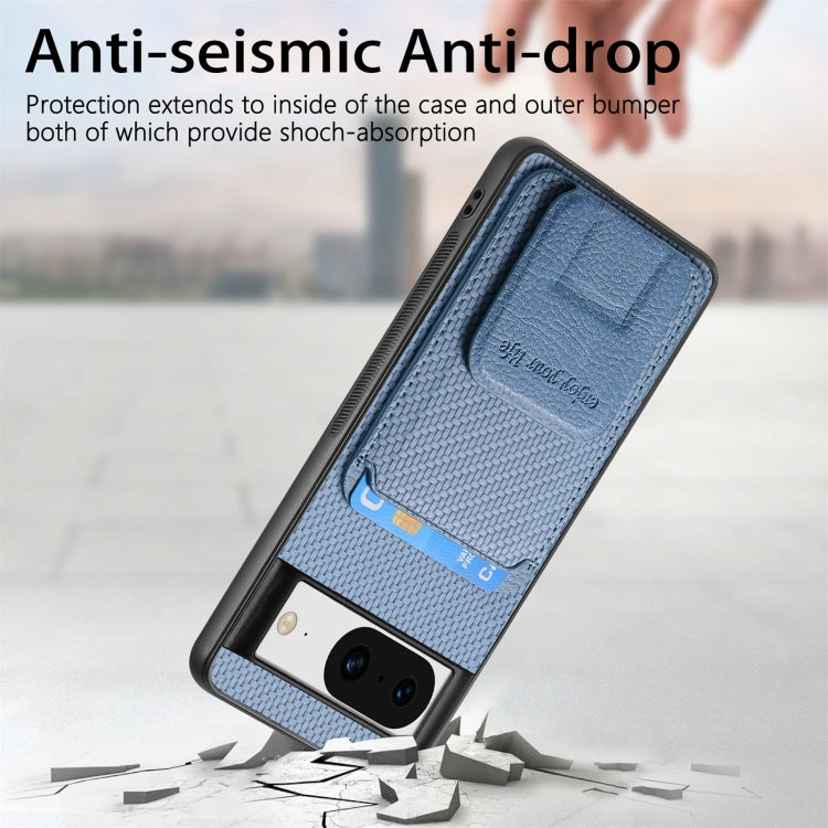 For Google Pixel 8 Carbon Fiber Card Bag Fold Stand Phone Case(Blue) by buy2fix
