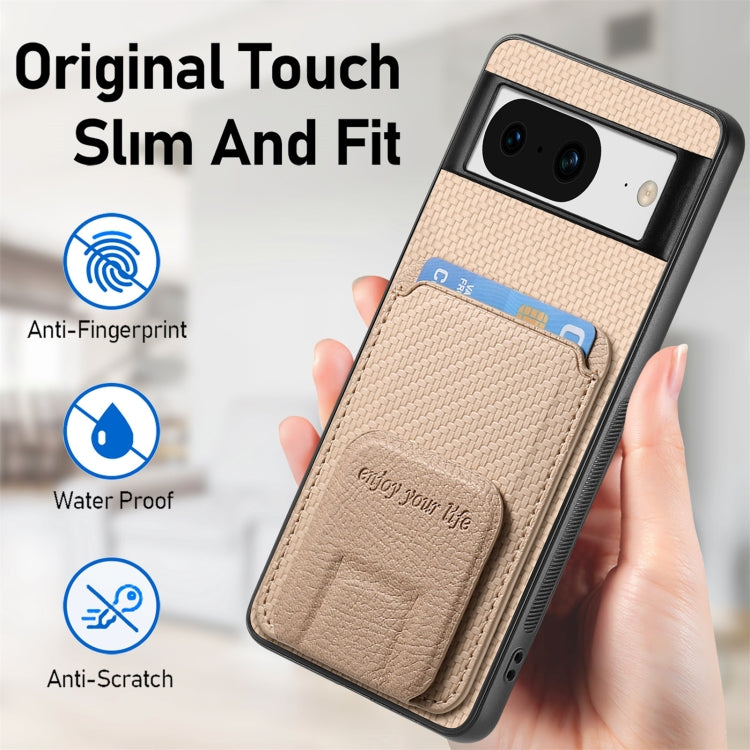 For Google Pixel 8 Carbon Fiber Card Bag Fold Stand Phone Case(Khaki) by buy2fix
