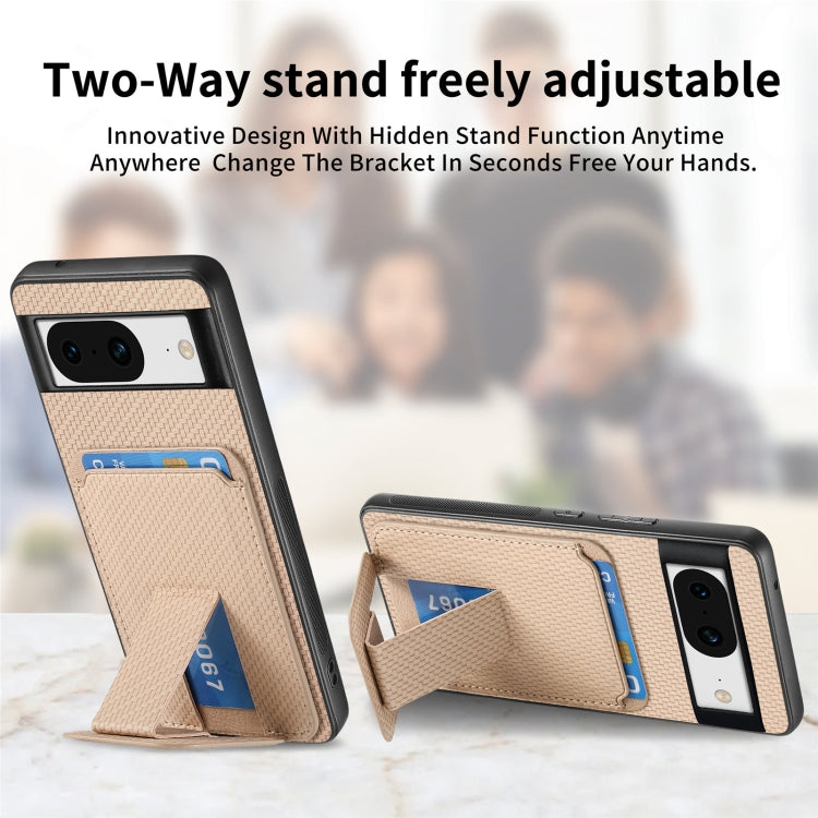 For Google Pixel 8 Carbon Fiber Card Bag Fold Stand Phone Case(Khaki) by buy2fix