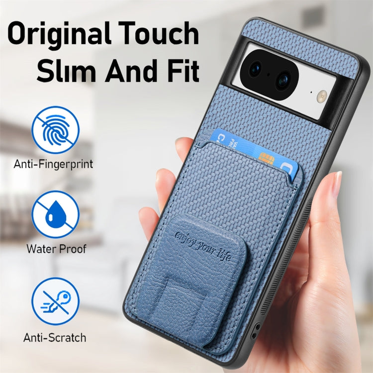 For Google Pixel 8 Pro Carbon Fiber Card Bag Fold Stand Phone Case(Blue) by buy2fix