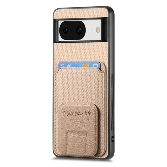 For Google Pixel 8 Pro Carbon Fiber Card Bag Fold Stand Phone Case(Khaki) by buy2fix
