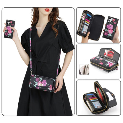 For Samsung Galaxy S22 5G Flower Multi-functional Crossbody Zipper Wallet Leather Phone Case(Black) - Galaxy S22 5G Cases by buy2fix | Online Shopping UK | buy2fix