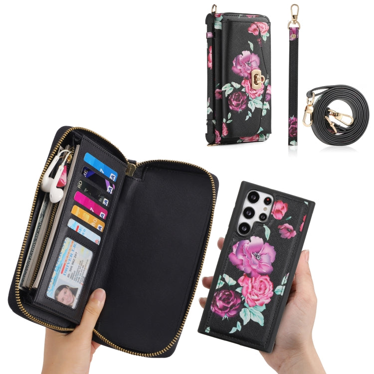 For Samsung Galaxy S22+ 5G Flower Multi-functional Crossbody Zipper Wallet Leather Phone Case(Black) - Galaxy S22+ 5G Cases by buy2fix | Online Shopping UK | buy2fix