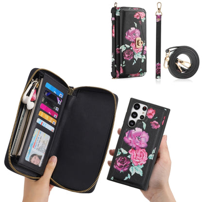 For Samsung Galaxy S22+ 5G Flower Multi-functional Crossbody Zipper Wallet Leather Phone Case(Black) - Galaxy S22+ 5G Cases by buy2fix | Online Shopping UK | buy2fix