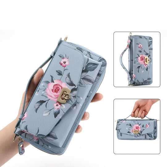 For Samsung Galaxy S23 Ultra 5G Flower Multi-functional Crossbody Zipper Wallet Leather Phone Case(Blue)