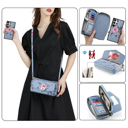 For Samsung Galaxy S24 5G Flower Multi-functional Crossbody Zipper Wallet Leather Phone Case(Blue) - Galaxy S24 5G Cases by buy2fix | Online Shopping UK | buy2fix