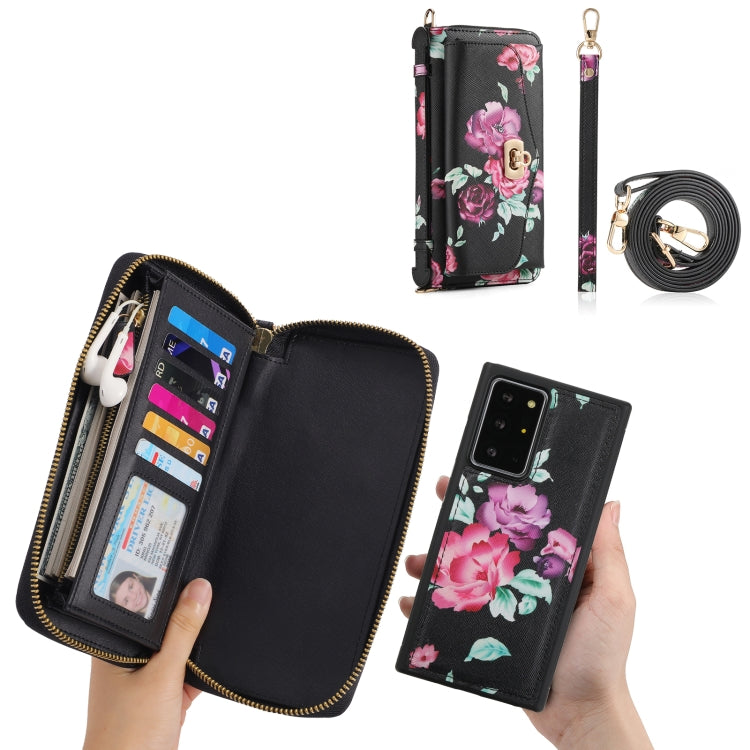 For Samsung Galaxy Note20 Flower Multi-functional Crossbody Zipper Wallet Leather Phone Case(Black) - Galaxy Note20 Cases by buy2fix | Online Shopping UK | buy2fix