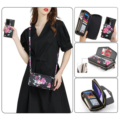 For Samsung Galaxy Note20 Flower Multi-functional Crossbody Zipper Wallet Leather Phone Case(Black) - Galaxy Note20 Cases by buy2fix | Online Shopping UK | buy2fix