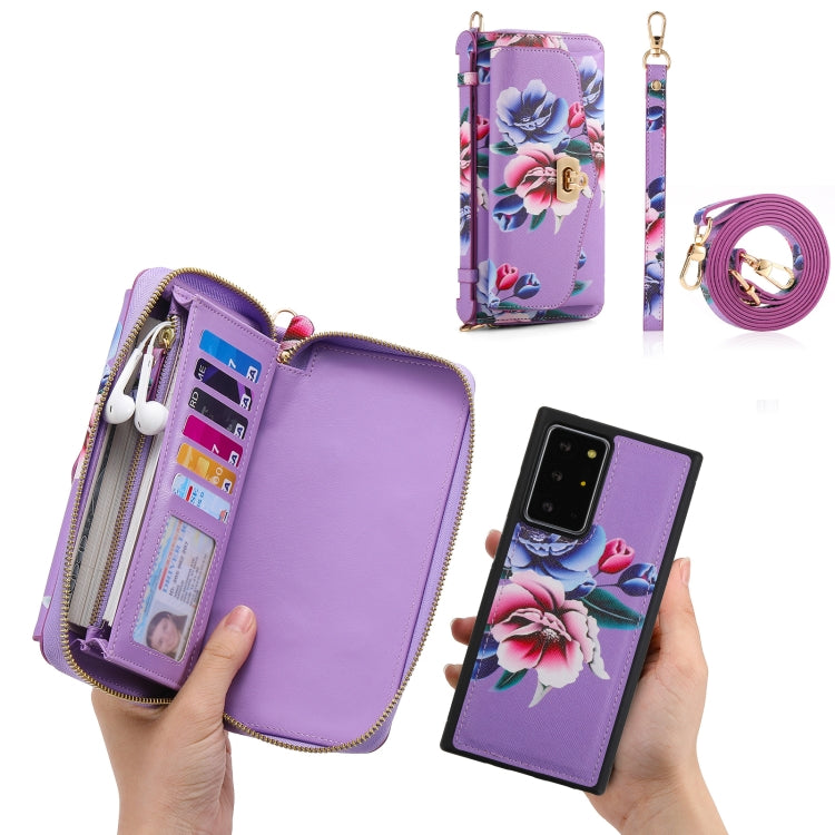 For Samsung Galaxy Note20 Flower Multi-functional Crossbody Zipper Wallet Leather Phone Case(Purple) - Galaxy Note20 Cases by buy2fix | Online Shopping UK | buy2fix