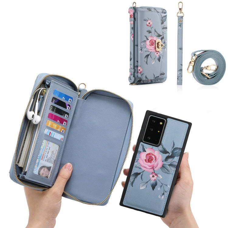 For Samsung Galaxy Note20 Ultra Flower Multi-functional Crossbody Zipper Wallet Leather Phone Case(Blue) - Galaxy Note20 Ultra Cases by buy2fix | Online Shopping UK | buy2fix