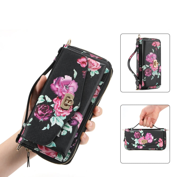 For iPhone 15 Pro Max Flower Multi-functional Crossbody Zipper Wallet MagSafe Leather Phone Case(Black) by buy2fix