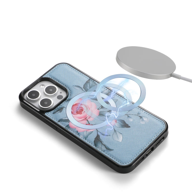 For iPhone 15 Pro Max Flower Multi-functional Crossbody Zipper Wallet MagSafe Leather Phone Case(Blue) - iPhone 15 Pro Max Cases by buy2fix | Online Shopping UK | buy2fix