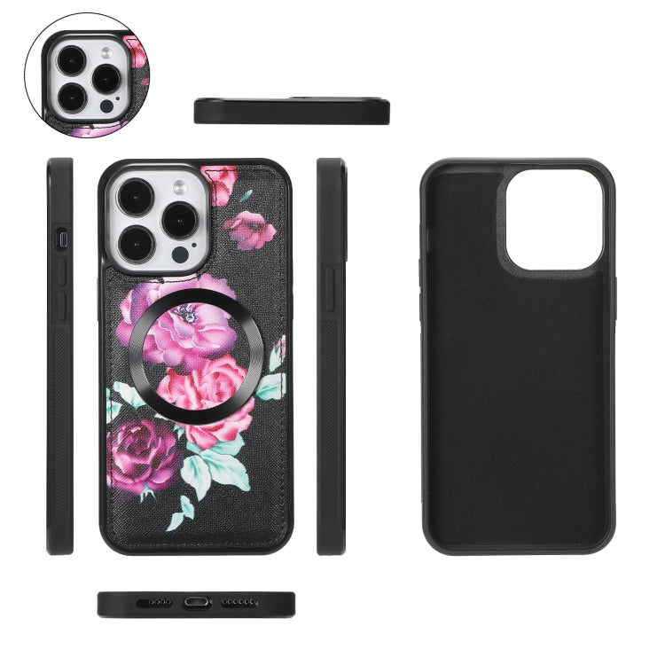 For iPhone 15 Pro Flower Multi-functional Crossbody Zipper Wallet MagSafe Leather Phone Case(Black) - iPhone 15 Pro Cases by buy2fix | Online Shopping UK | buy2fix