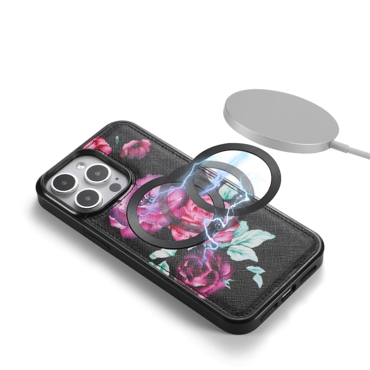 For iPhone 15 Pro Flower Multi-functional Crossbody Zipper Wallet MagSafe Leather Phone Case(Black) - iPhone 15 Pro Cases by buy2fix | Online Shopping UK | buy2fix