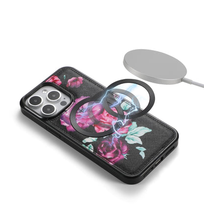 For iPhone 15 Pro Flower Multi-functional Crossbody Zipper Wallet MagSafe Leather Phone Case(Black) - iPhone 15 Pro Cases by buy2fix | Online Shopping UK | buy2fix
