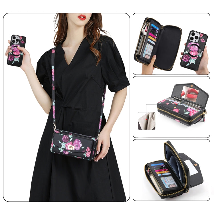 For iPhone 15 Pro Flower Multi-functional Crossbody Zipper Wallet MagSafe Leather Phone Case(Black) - iPhone 15 Pro Cases by buy2fix | Online Shopping UK | buy2fix
