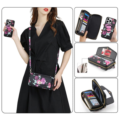 For iPhone 15 Pro Flower Multi-functional Crossbody Zipper Wallet MagSafe Leather Phone Case(Black) - iPhone 15 Pro Cases by buy2fix | Online Shopping UK | buy2fix