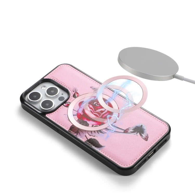 For iPhone 15 Pro Flower Multi-functional Crossbody Zipper Wallet MagSafe Leather Phone Case(Pink) - iPhone 15 Pro Cases by buy2fix | Online Shopping UK | buy2fix