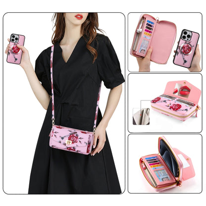 For iPhone 15 Pro Flower Multi-functional Crossbody Zipper Wallet MagSafe Leather Phone Case(Pink) - iPhone 15 Pro Cases by buy2fix | Online Shopping UK | buy2fix