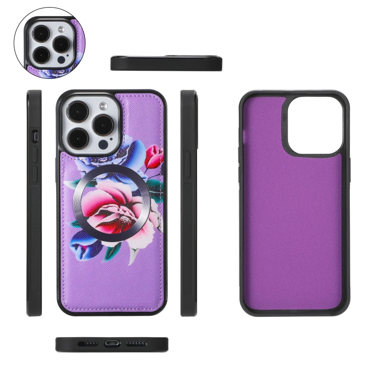 For iPhone 15 Pro Flower Multi-functional Crossbody Zipper Wallet MagSafe Leather Phone Case(Purple) - iPhone 15 Pro Cases by buy2fix | Online Shopping UK | buy2fix