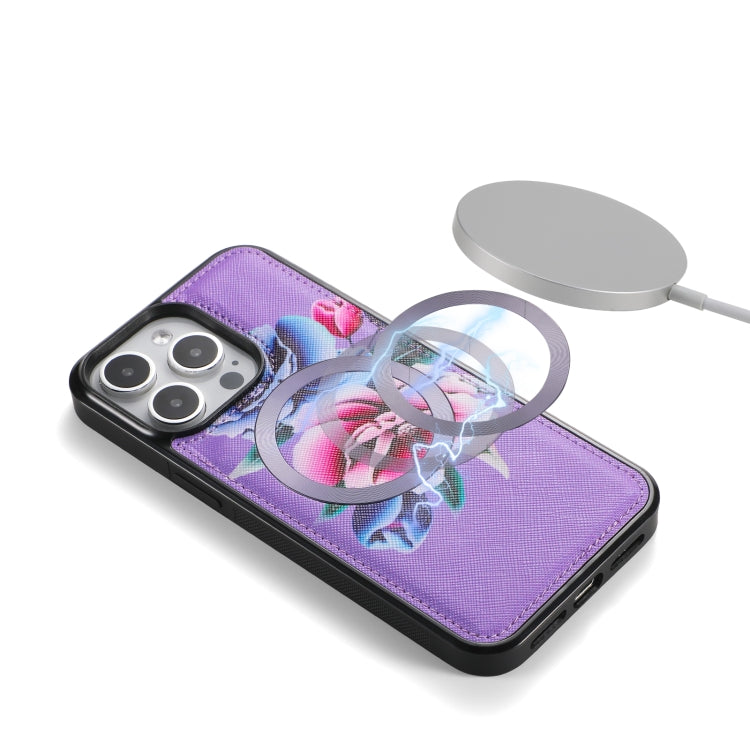 For iPhone 15 Pro Flower Multi-functional Crossbody Zipper Wallet MagSafe Leather Phone Case(Purple) - iPhone 15 Pro Cases by buy2fix | Online Shopping UK | buy2fix