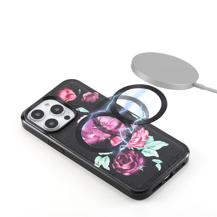For iPhone 14 Flower Multi-functional Crossbody Zipper Wallet MagSafe Leather Phone Case(Black) - iPhone 14 Cases by buy2fix | Online Shopping UK | buy2fix