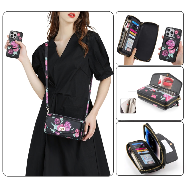 For iPhone 14 Flower Multi-functional Crossbody Zipper Wallet MagSafe Leather Phone Case(Black) - iPhone 14 Cases by buy2fix | Online Shopping UK | buy2fix