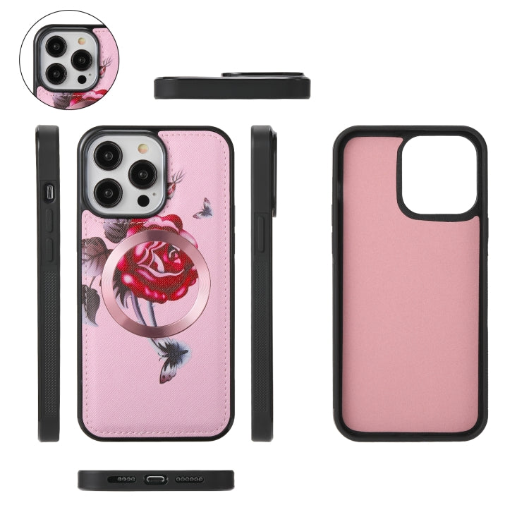 For iPhone 14 Flower Multi-functional Crossbody Zipper Wallet MagSafe Leather Phone Case(Pink) by buy2fix