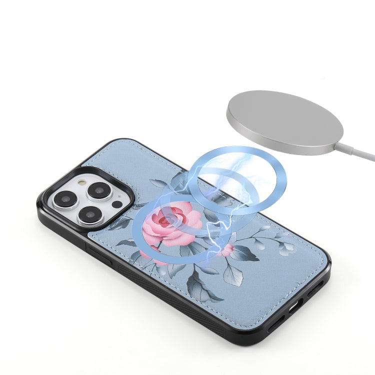 For iPhone 14 Flower Multi-functional Crossbody Zipper Wallet MagSafe Leather Phone Case(Blue) - iPhone 14 Cases by buy2fix | Online Shopping UK | buy2fix