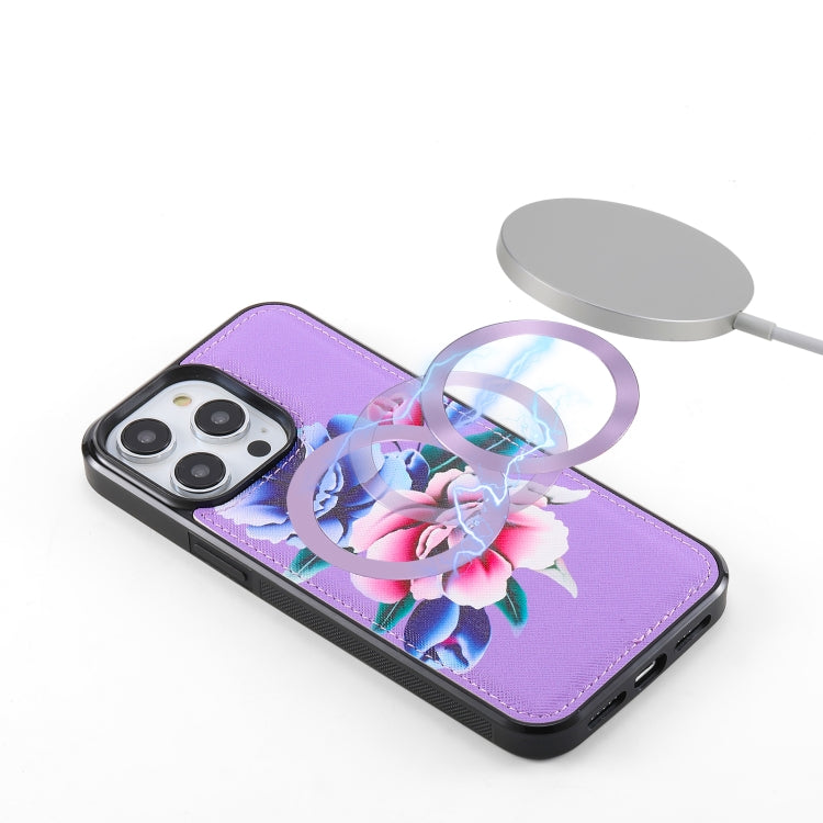 For iPhone 14 Flower Multi-functional Crossbody Zipper Wallet MagSafe Leather Phone Case(Purple) - iPhone 14 Cases by buy2fix | Online Shopping UK | buy2fix