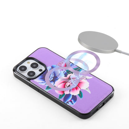 For iPhone 14 Flower Multi-functional Crossbody Zipper Wallet MagSafe Leather Phone Case(Purple) - iPhone 14 Cases by buy2fix | Online Shopping UK | buy2fix