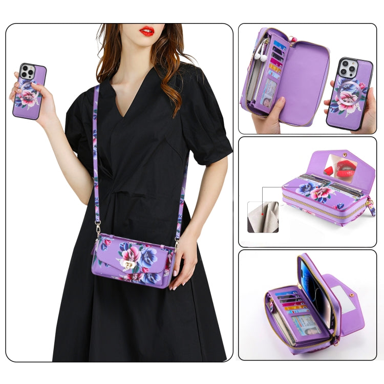 For iPhone 14 Flower Multi-functional Crossbody Zipper Wallet MagSafe Leather Phone Case(Purple) - iPhone 14 Cases by buy2fix | Online Shopping UK | buy2fix