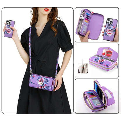 For iPhone 14 Flower Multi-functional Crossbody Zipper Wallet MagSafe Leather Phone Case(Purple) - iPhone 14 Cases by buy2fix | Online Shopping UK | buy2fix