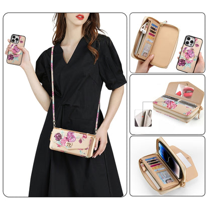 For iPhone 14 Flower Multi-functional Crossbody Zipper Wallet MagSafe Leather Phone Case(Yellow) - iPhone 14 Cases by buy2fix | Online Shopping UK | buy2fix