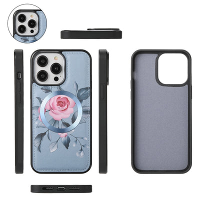 For iPhone 14 Pro Max Flower Multi-functional Crossbody Zipper Wallet MagSafe Leather Phone Case(Blue) - iPhone 14 Pro Max Cases by buy2fix | Online Shopping UK | buy2fix
