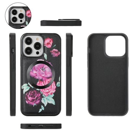 For iPhone 14 Plus Flower Multi-functional Crossbody Zipper Wallet MagSafe Leather Phone Case(Black) - iPhone 14 Plus Cases by buy2fix | Online Shopping UK | buy2fix