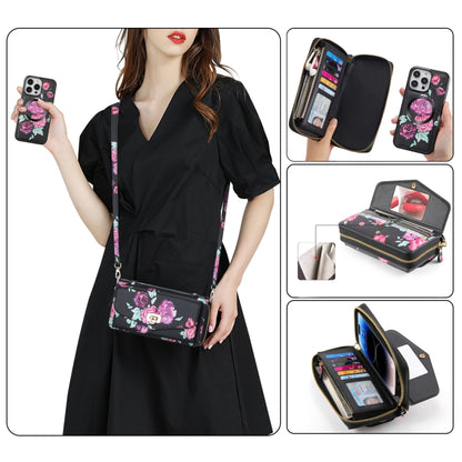 For iPhone 14 Plus Flower Multi-functional Crossbody Zipper Wallet MagSafe Leather Phone Case(Black) - iPhone 14 Plus Cases by buy2fix | Online Shopping UK | buy2fix