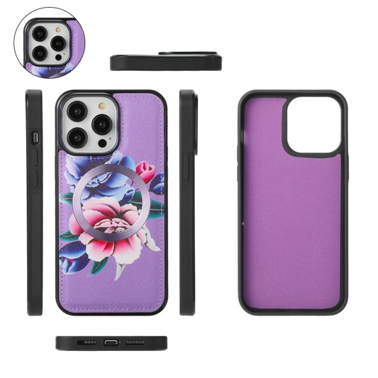 For iPhone 14 Plus Flower Multi-functional Crossbody Zipper Wallet MagSafe Leather Phone Case(Purple) - iPhone 14 Plus Cases by buy2fix | Online Shopping UK | buy2fix