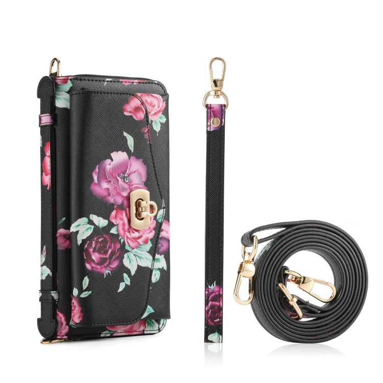 For iPhone 13 Flower Multi-functional Crossbody Zipper Wallet MagSafe Leather Phone Case(Black) - iPhone 13 Cases by buy2fix | Online Shopping UK | buy2fix