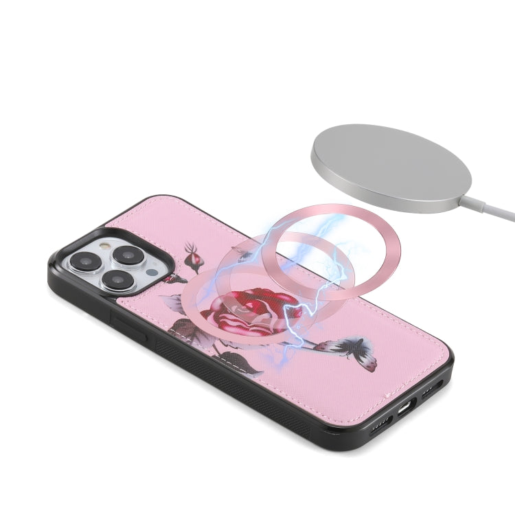 For iPhone 13 Flower Multi-functional Crossbody Zipper Wallet MagSafe Leather Phone Case(Pink) - iPhone 13 Cases by buy2fix | Online Shopping UK | buy2fix