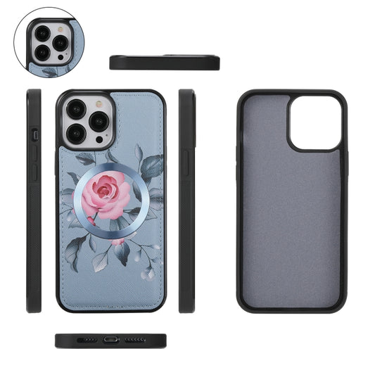 For iPhone 13 Flower Multi-functional Crossbody Zipper Wallet MagSafe Leather Phone Case(Blue) - iPhone 13 Cases by buy2fix | Online Shopping UK | buy2fix