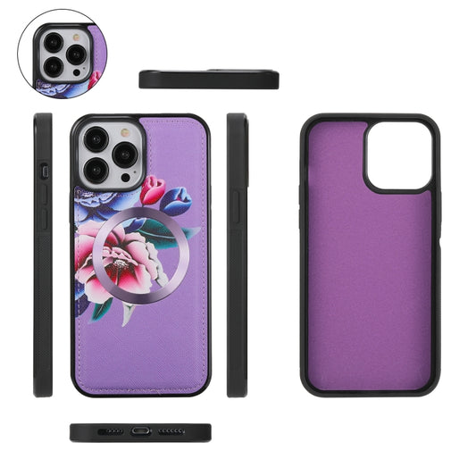 For iPhone 13 Flower Multi-functional Crossbody Zipper Wallet MagSafe Leather Phone Case(Purple) - iPhone 13 Cases by buy2fix | Online Shopping UK | buy2fix