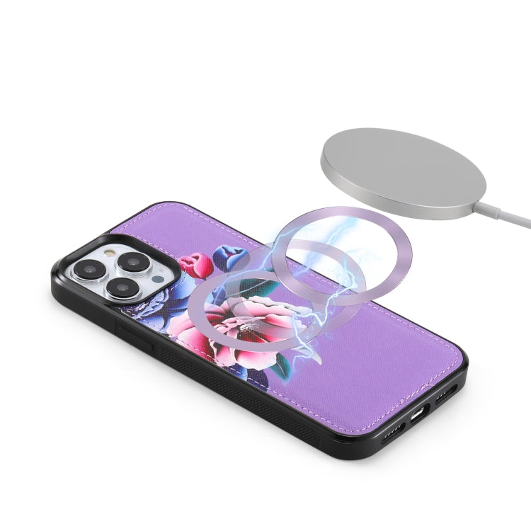 For iPhone 13 Flower Multi-functional Crossbody Zipper Wallet MagSafe Leather Phone Case(Purple) - iPhone 13 Cases by buy2fix | Online Shopping UK | buy2fix