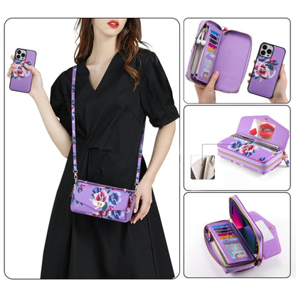 For iPhone 13 Flower Multi-functional Crossbody Zipper Wallet MagSafe Leather Phone Case(Purple) - iPhone 13 Cases by buy2fix | Online Shopping UK | buy2fix
