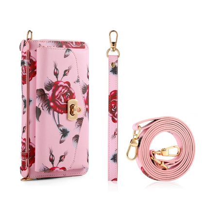 For iPhone 13 Pro Flower Multi-functional Crossbody Zipper Wallet MagSafe Leather Phone Case(Pink) - iPhone 13 Pro Cases by buy2fix | Online Shopping UK | buy2fix