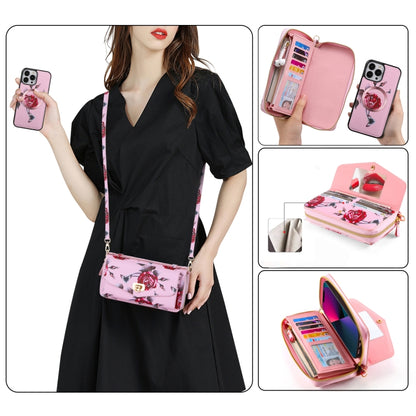 For iPhone 13 Pro Flower Multi-functional Crossbody Zipper Wallet MagSafe Leather Phone Case(Pink) - iPhone 13 Pro Cases by buy2fix | Online Shopping UK | buy2fix