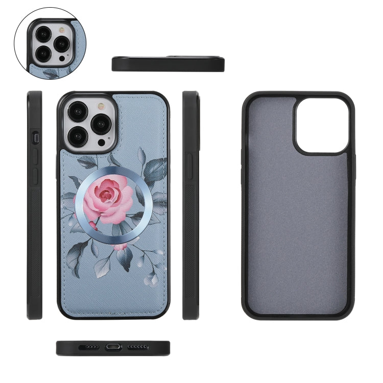For iPhone 13 Pro Flower Multi-functional Crossbody Zipper Wallet MagSafe Leather Phone Case(Blue) - iPhone 13 Pro Cases by buy2fix | Online Shopping UK | buy2fix