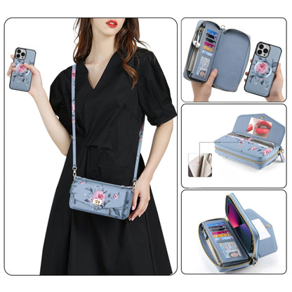 For iPhone 13 Pro Flower Multi-functional Crossbody Zipper Wallet MagSafe Leather Phone Case(Blue) - iPhone 13 Pro Cases by buy2fix | Online Shopping UK | buy2fix